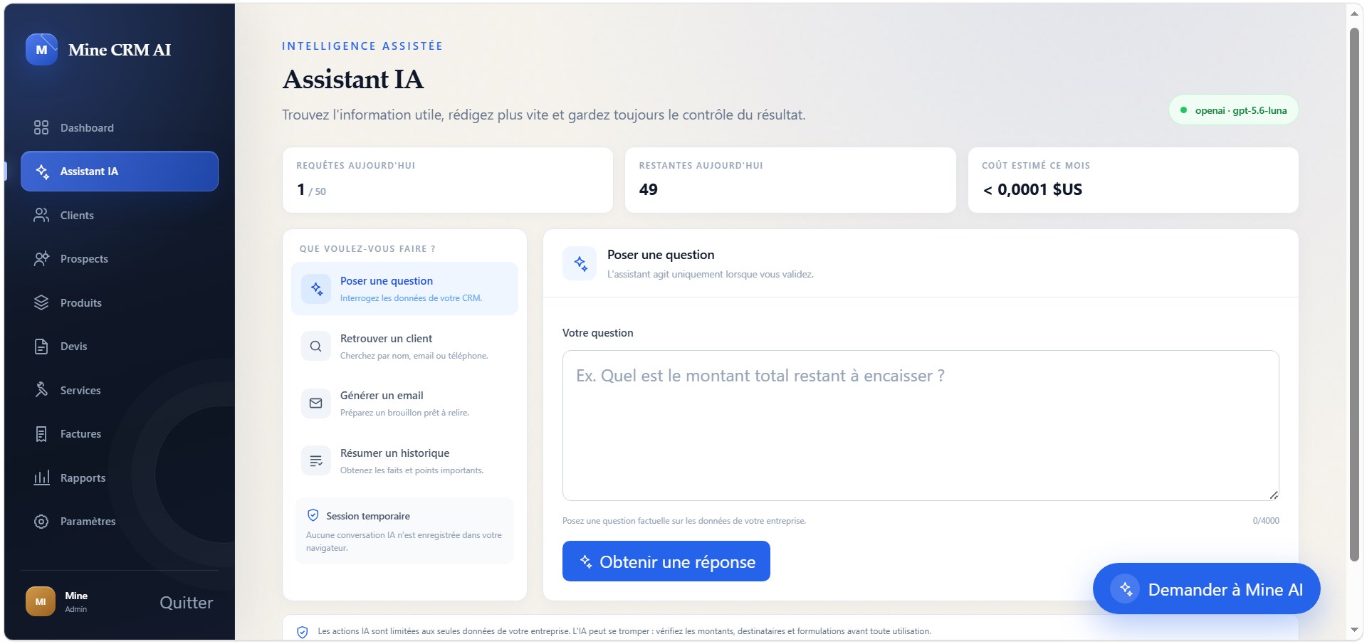 Assistant IA Mine CRM proposant question, recherche client, e-mail et résumé avec suivi du quota
