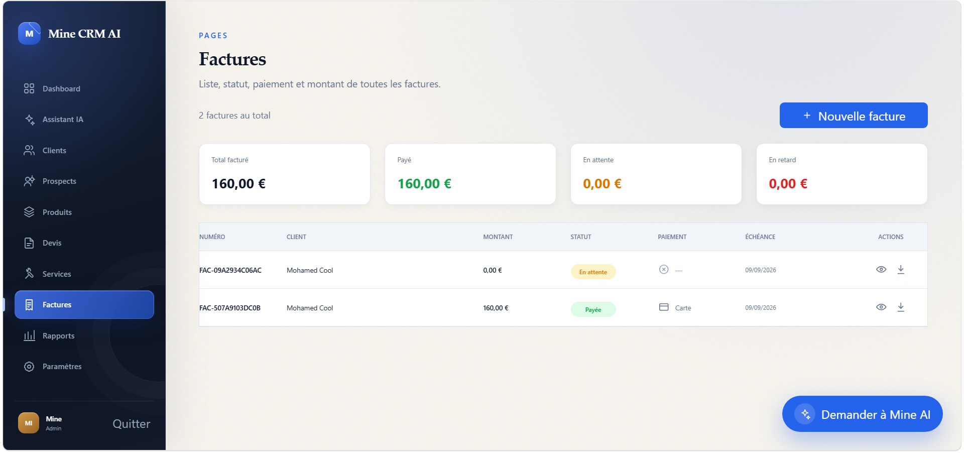 Page Factures Mine CRM avec totaux, paiements, statuts et échéances