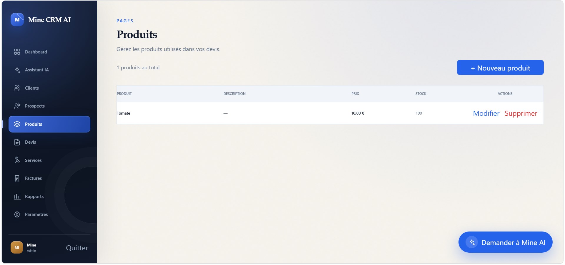 Page Produits de Mine CRM avec catalogue, prix, stock et actions